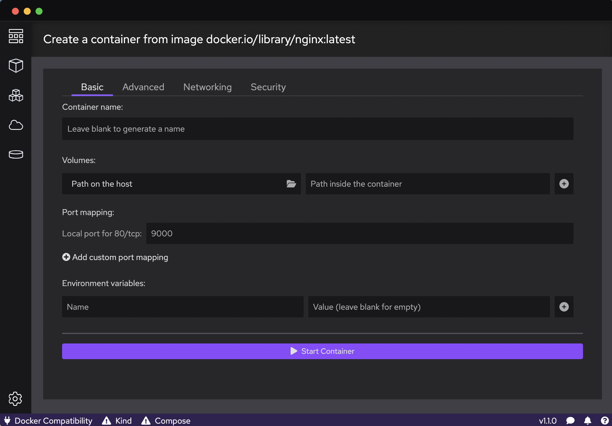 Podman Desktop Container Run details