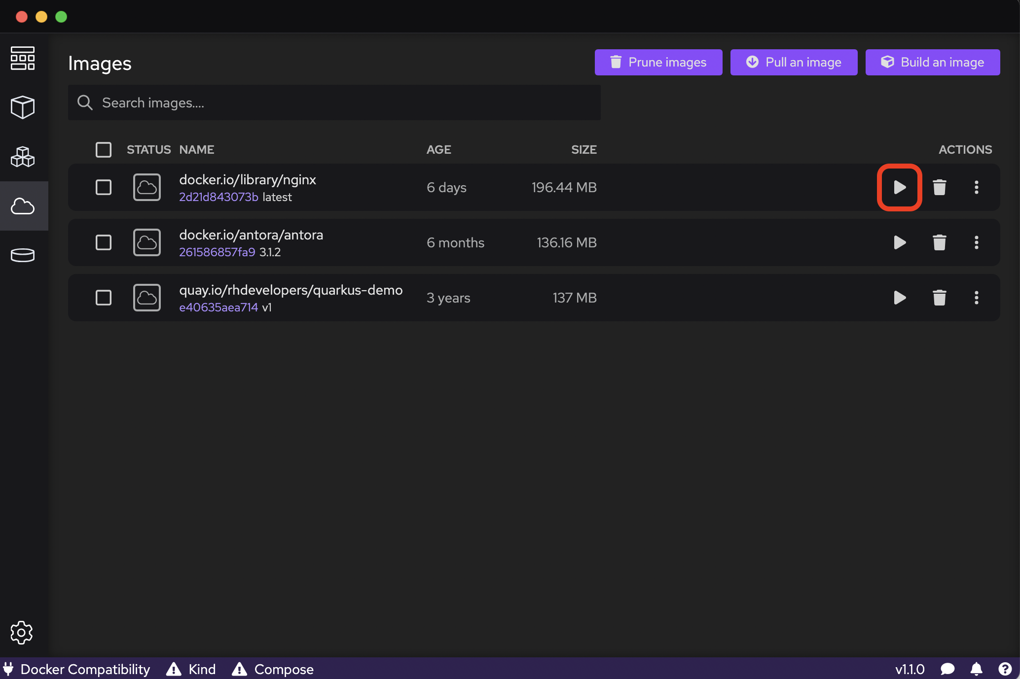 Podman Desktop Container Run button