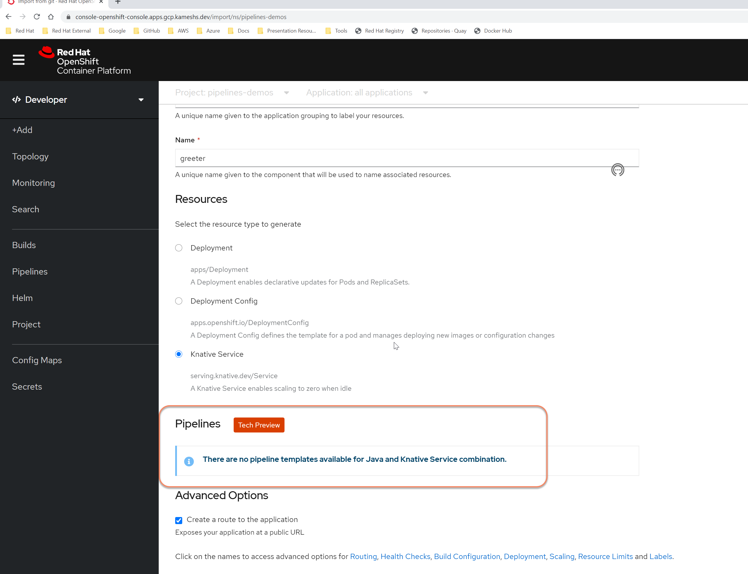 ocp dc ksvc no pipeline