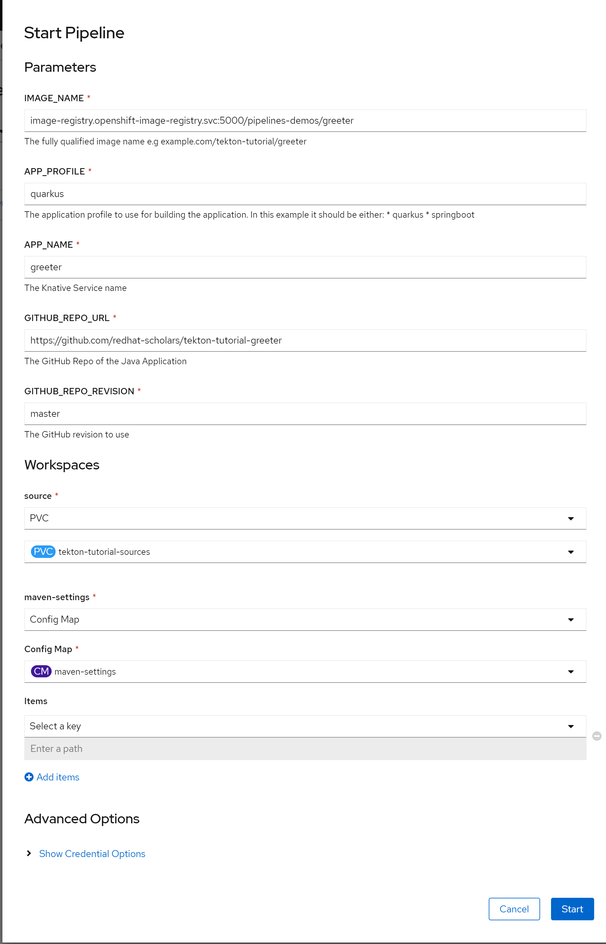 odc greeter pipeline params