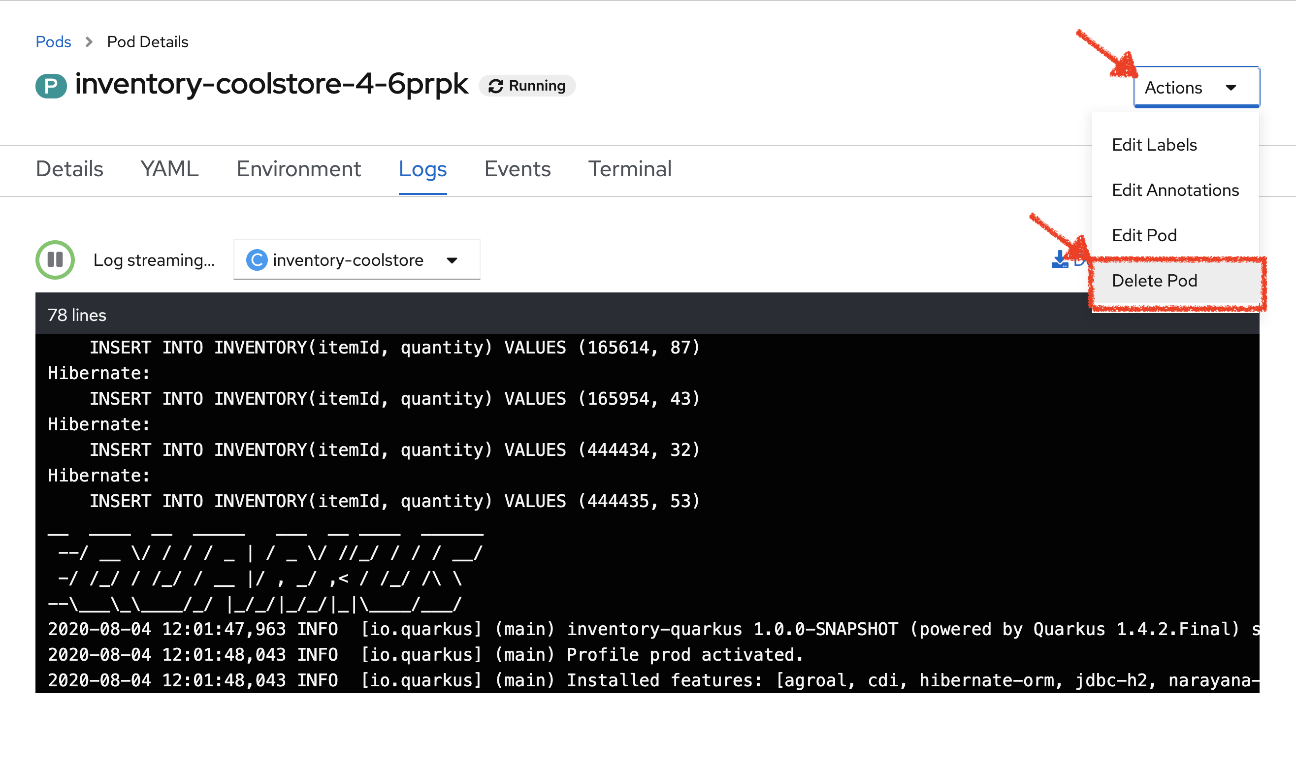 OpenShift Inventory Delete Pod