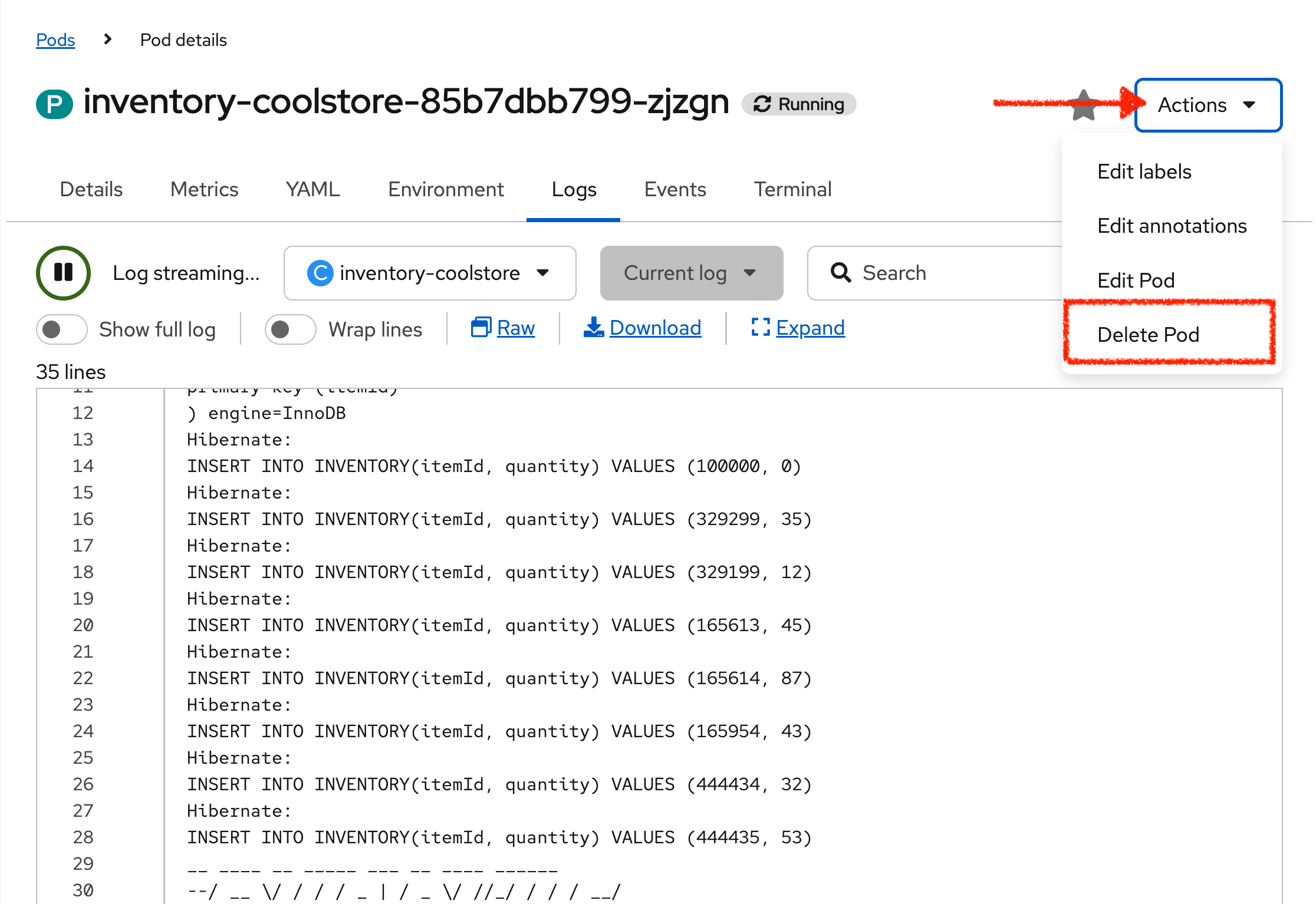 OpenShift Inventory Delete Pod