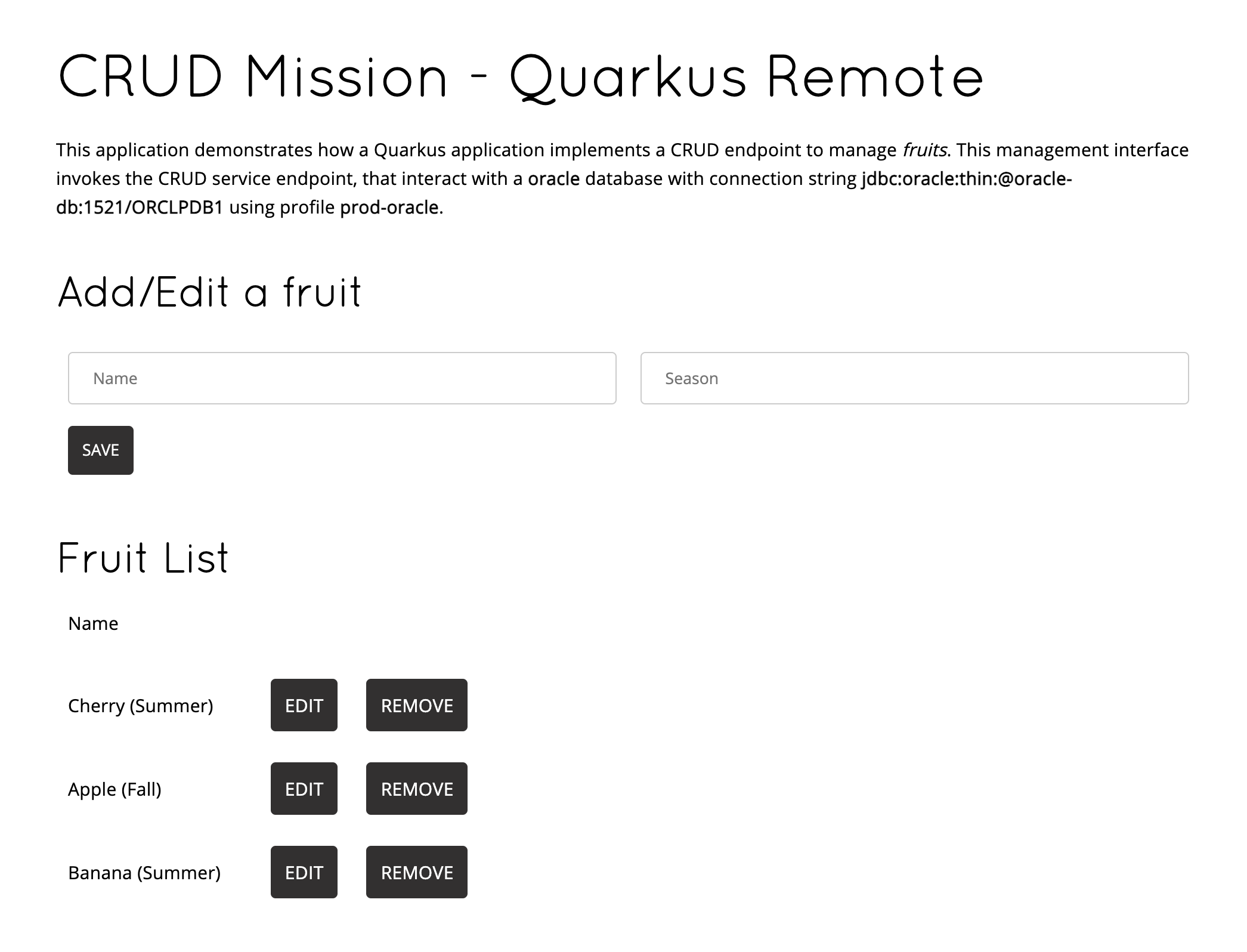 Fruit Service on Oracle New - Quarkus with Remote Dev