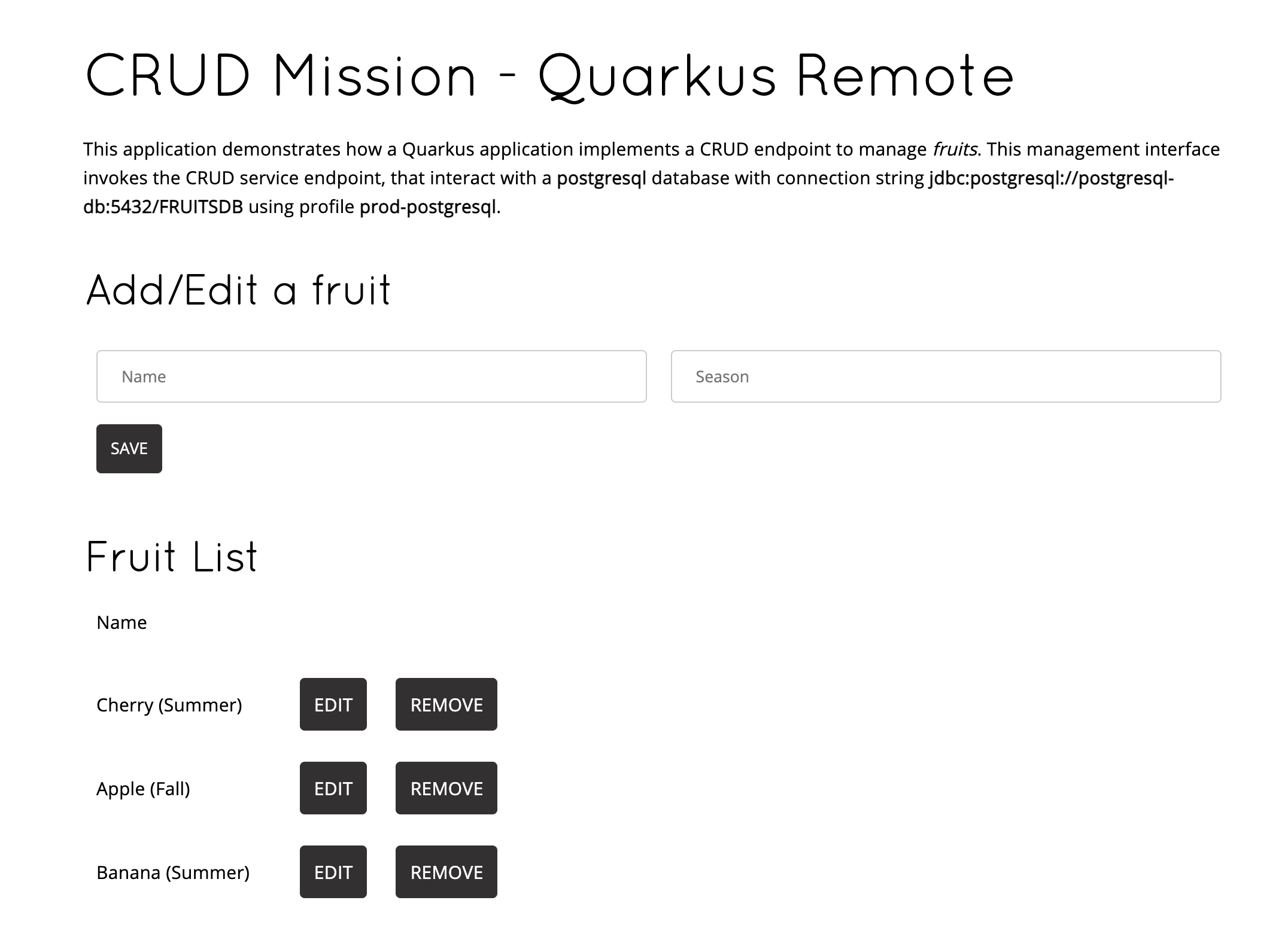Fruit Service on PostgreSQL New - Quarkus with Remote Dev