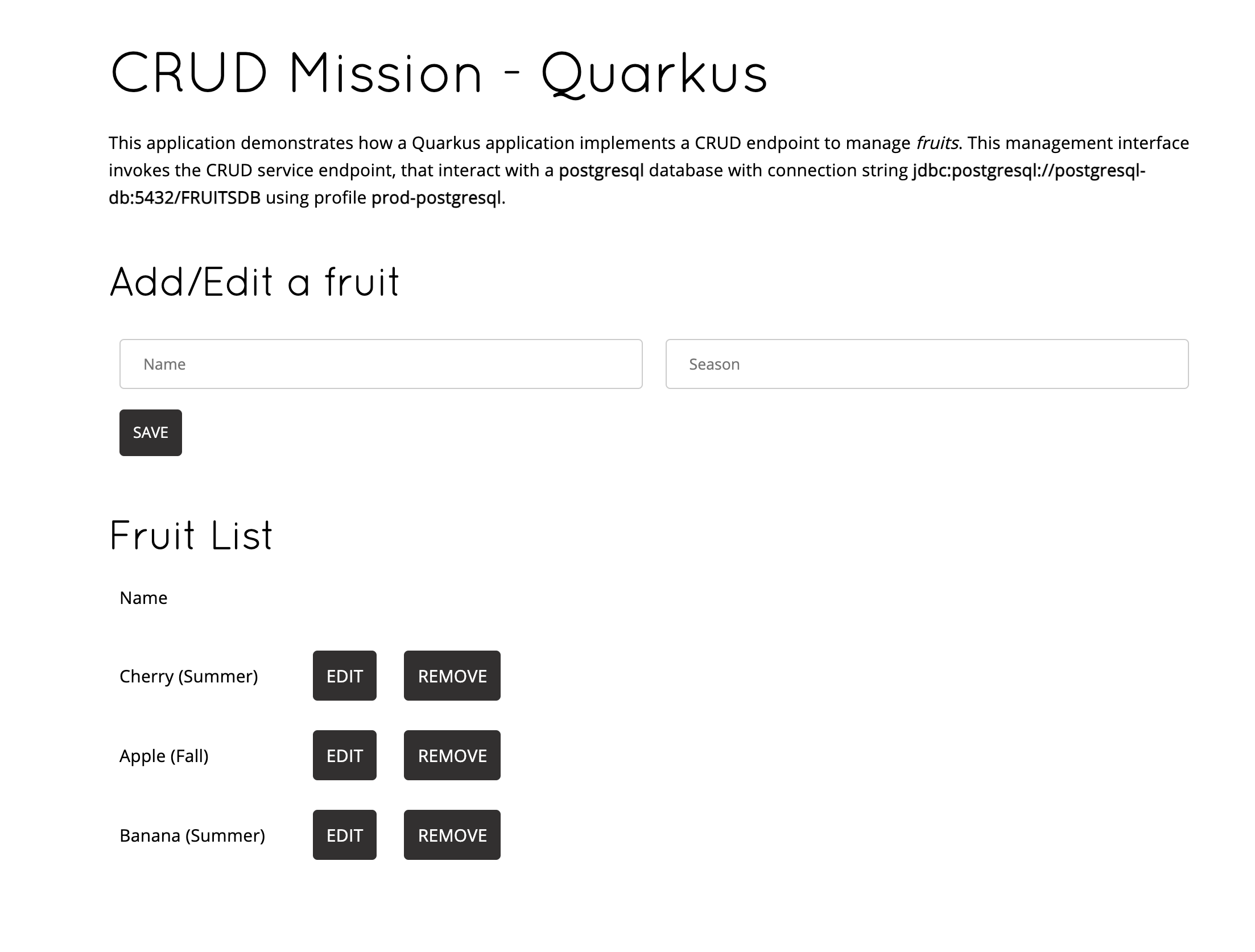 Fruit Service on PostgreSQL - Quarkus with Remote Dev