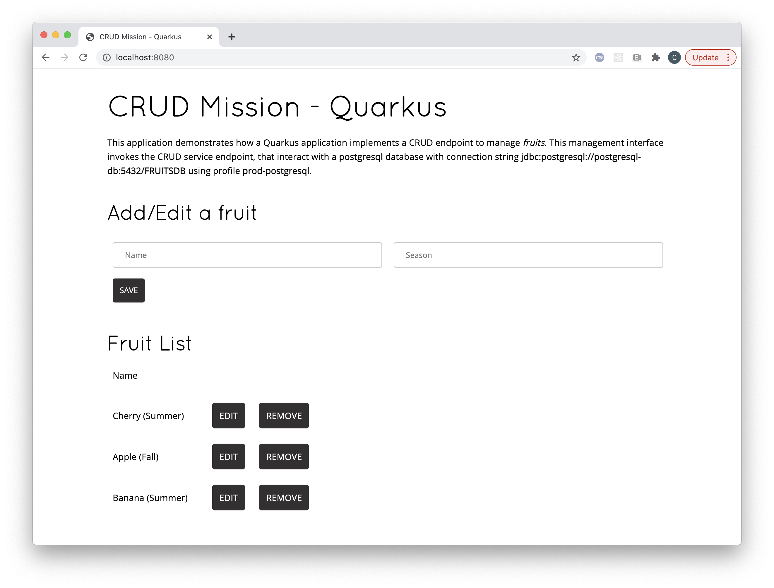 Fruit Service on PostgreSQL - Quarkus with Telepresence