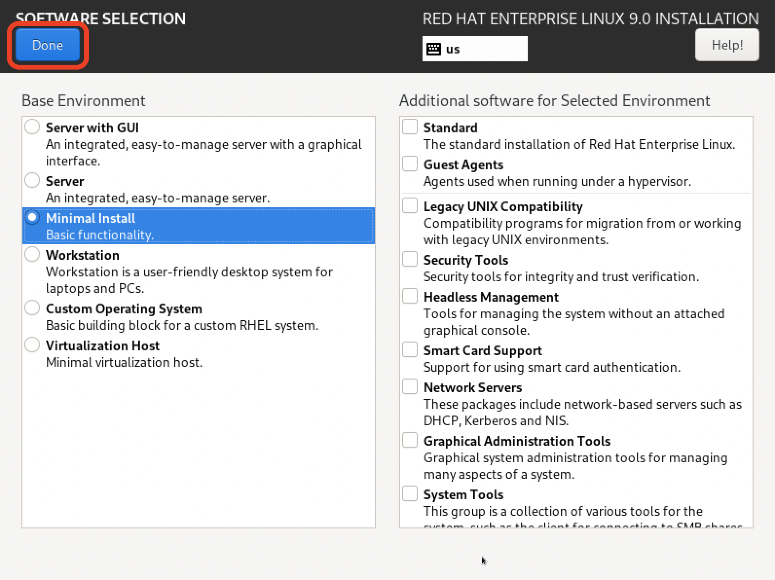 RHEL minimal software install