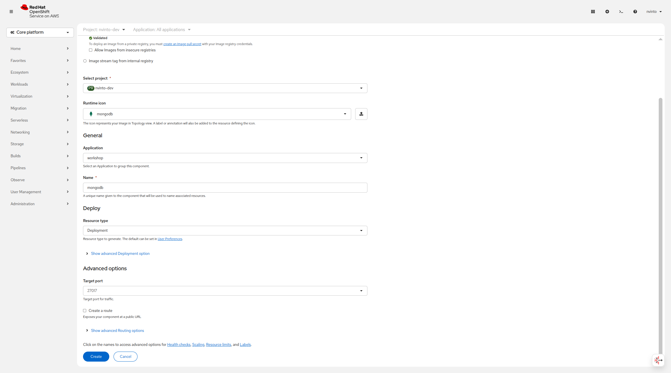 MongoDB Image Deployment Advanced Settings