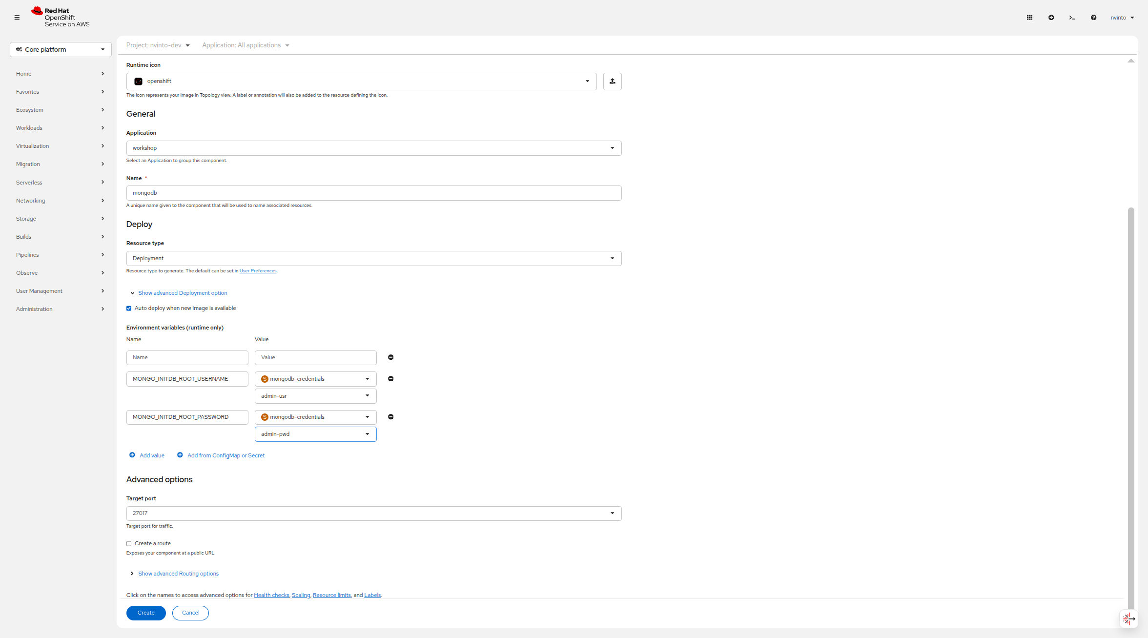 MongoDB Image Deployment Environment Variable Settings