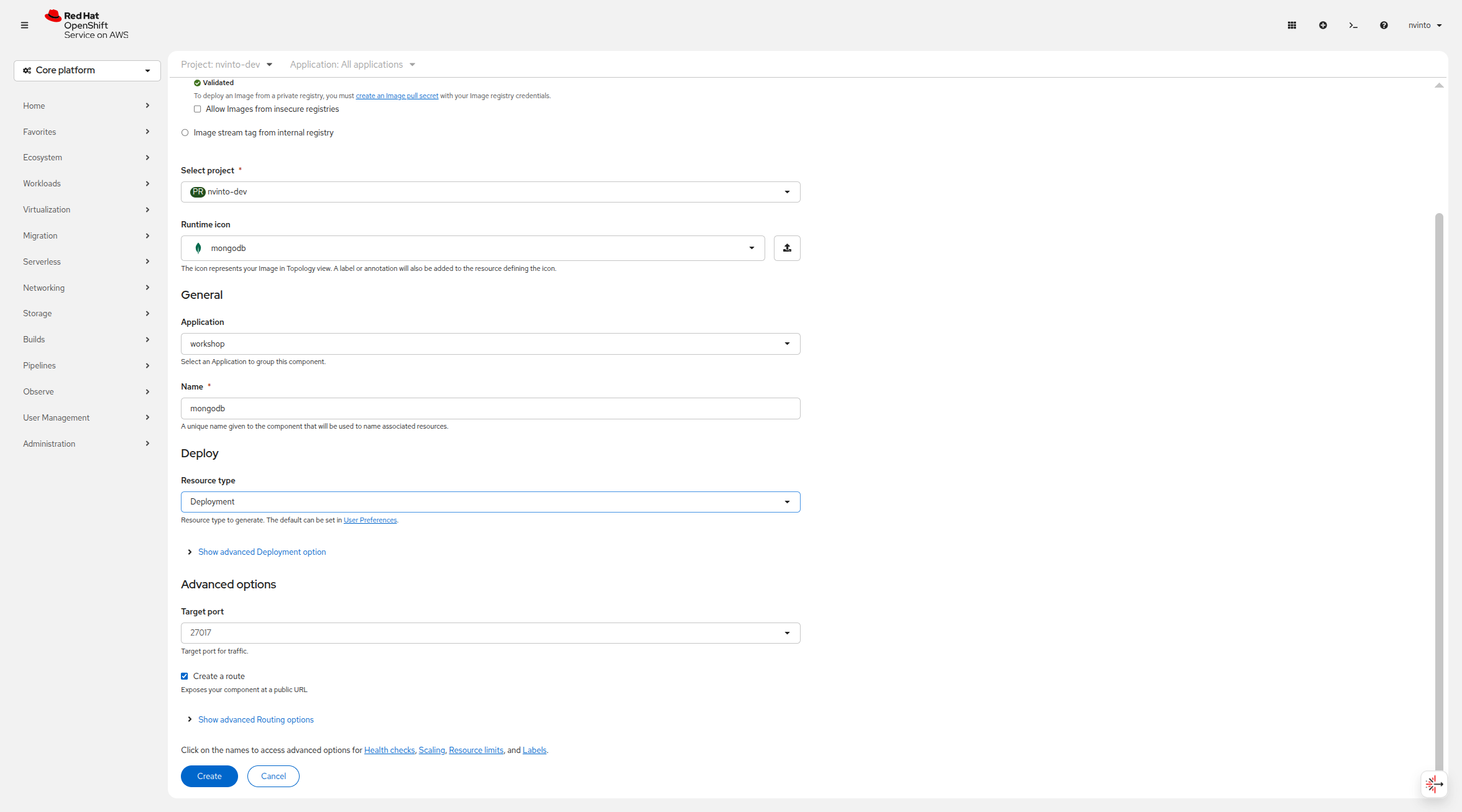 MongoDB Image Deployment General Settings