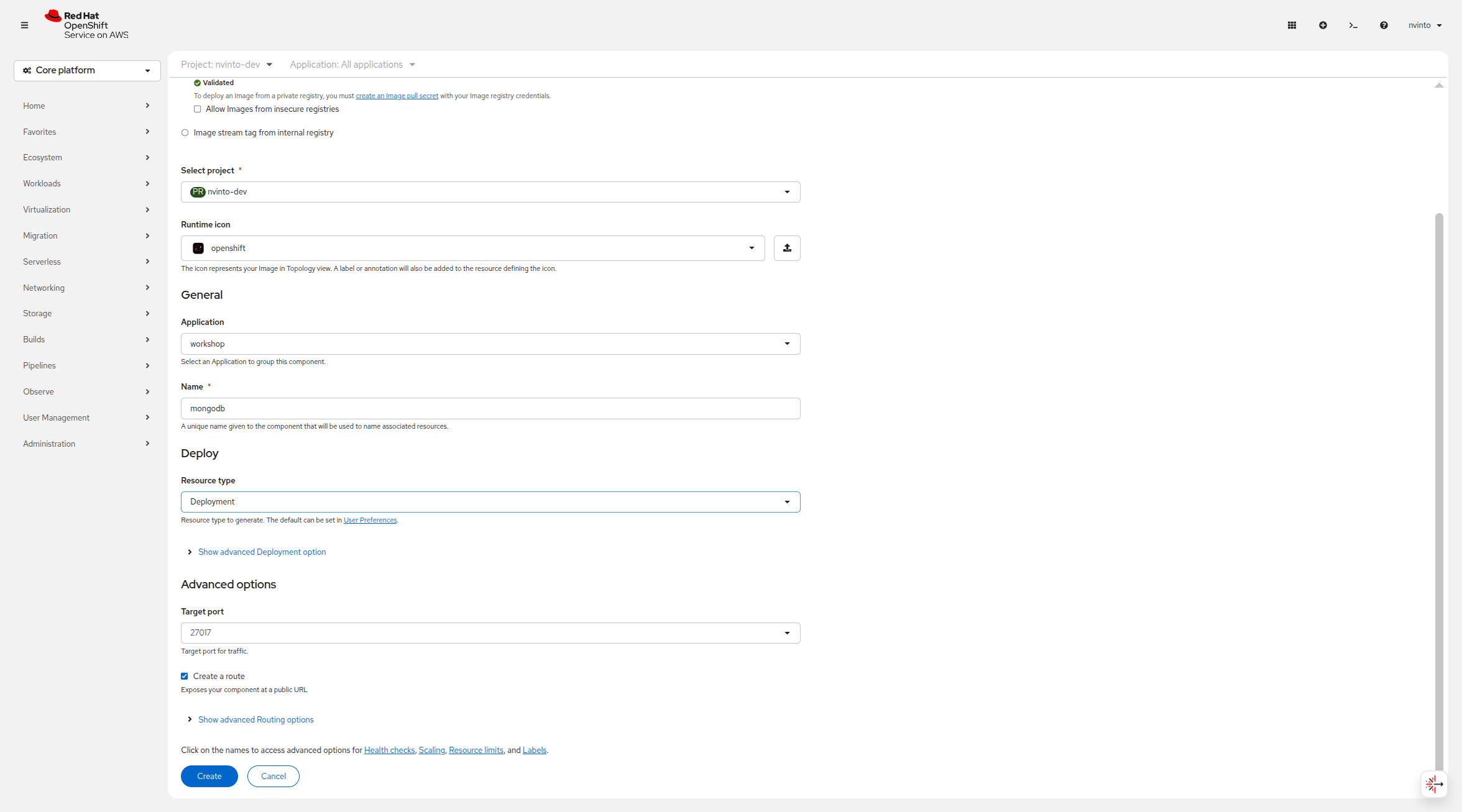 MongoDB Image Deployment Resource Type Settings