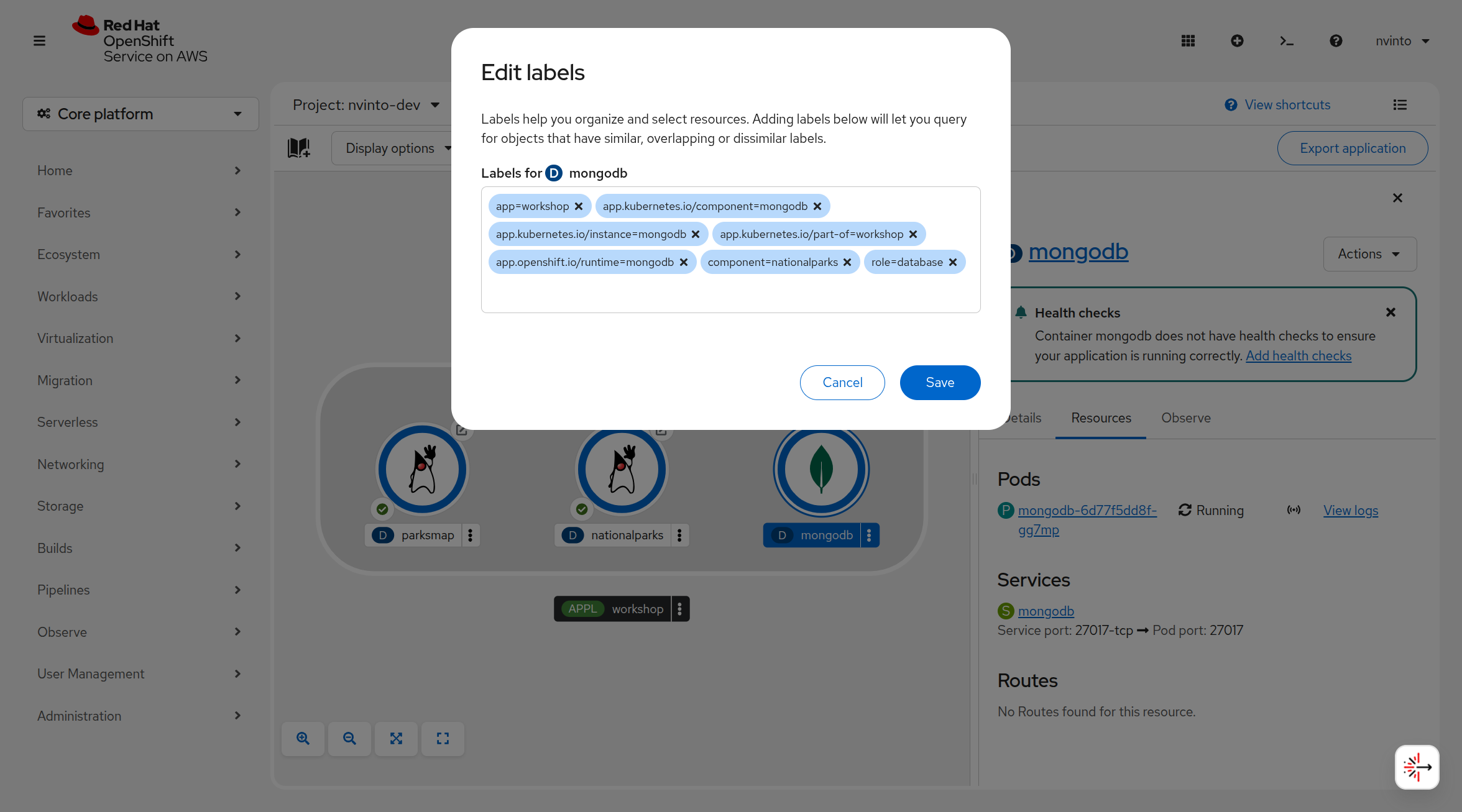 MongoDB Deployment Labels Save
