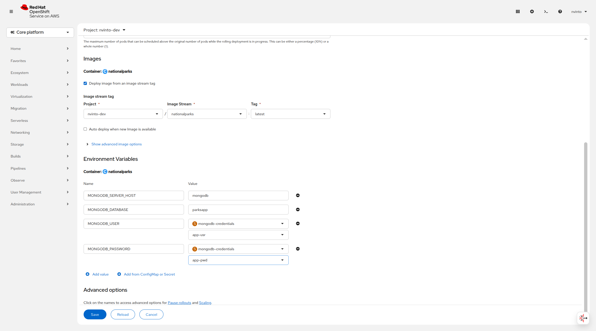 Nationalparks Deployment Env Vars Secrets
