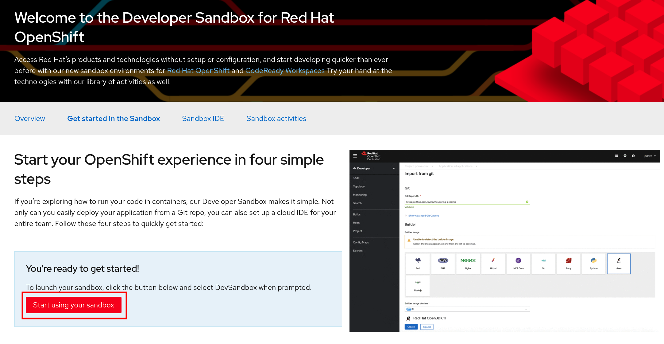Developer Sandbox Start Page