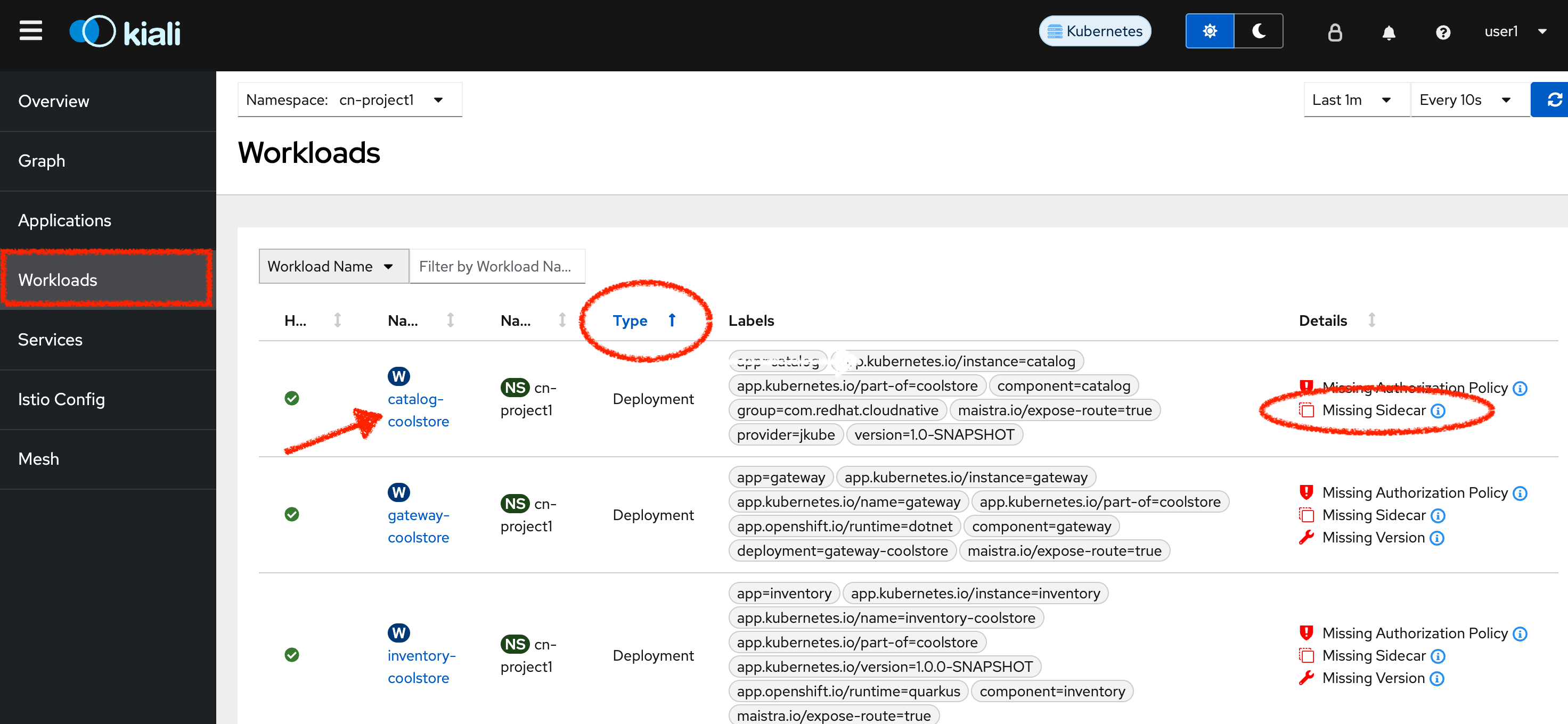 Kiali- select workload