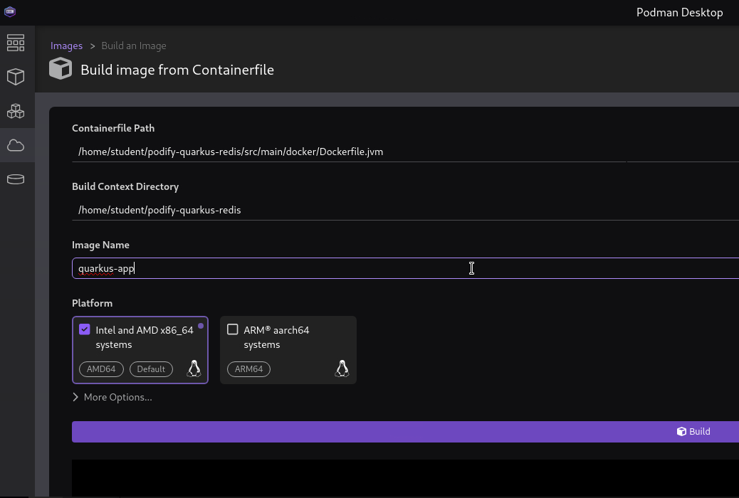 Podman Desktop Build Image Window