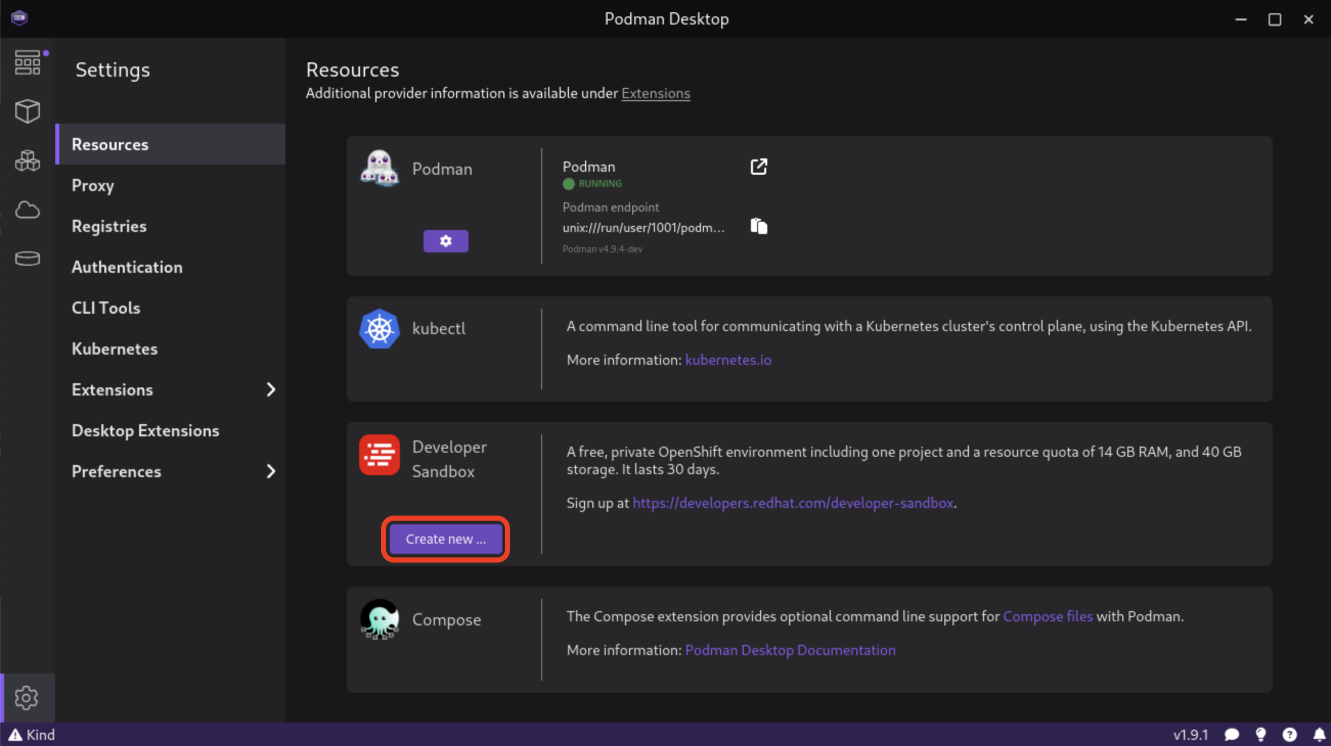 Podman Desktop Provision Developer Sandbox