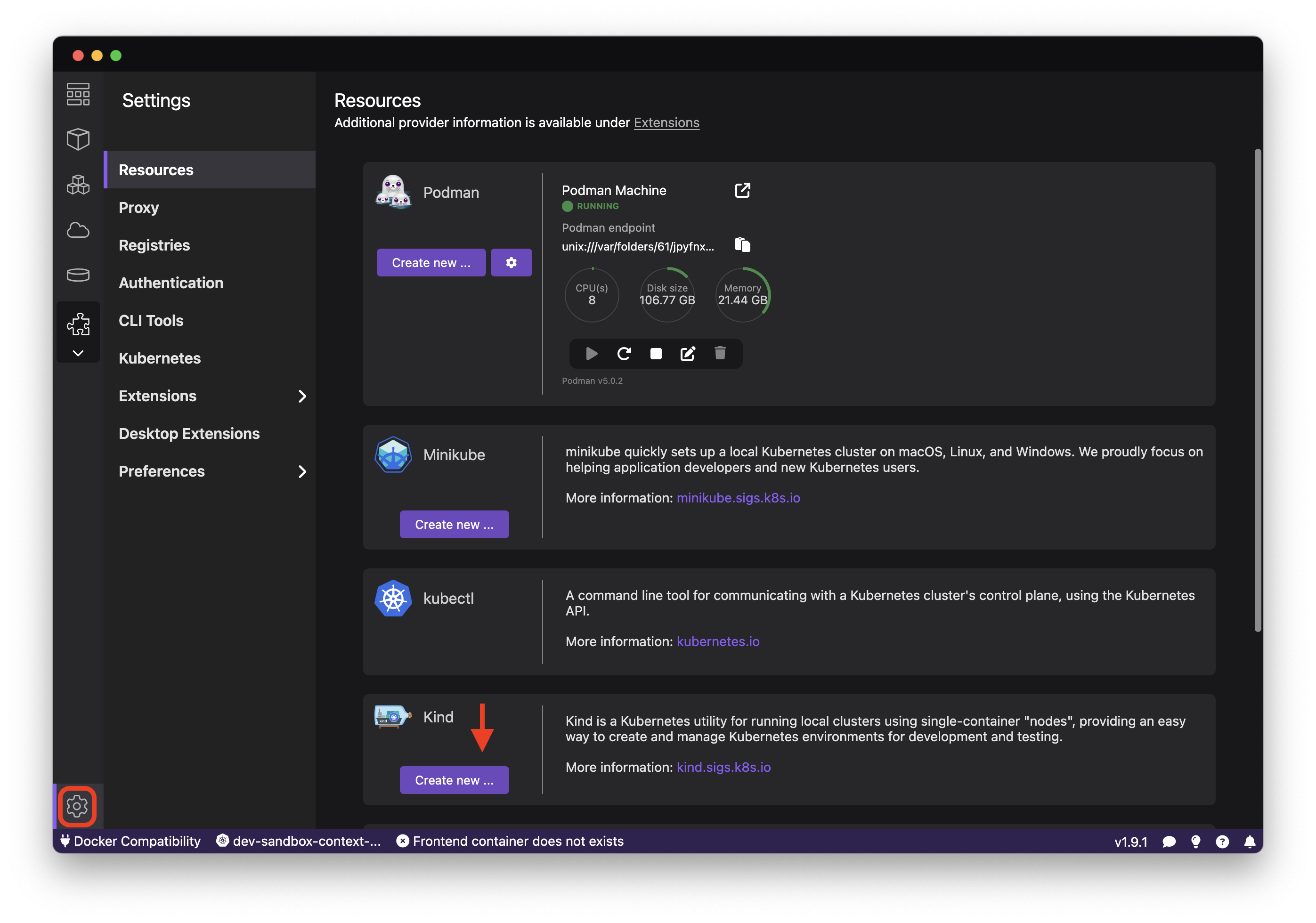Podman Desktop Settings
