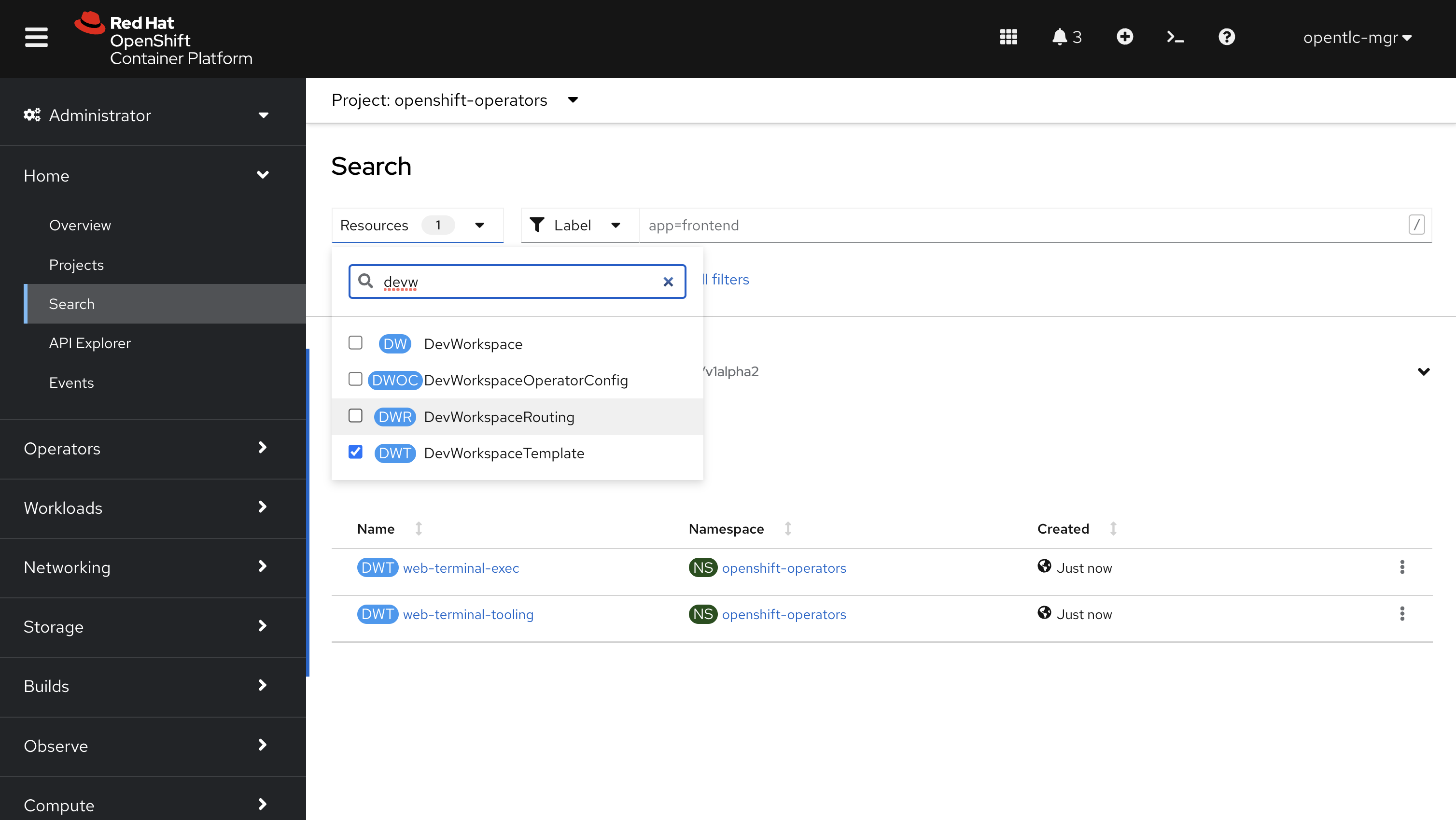 DevWorkspaceTemplate listing in the OpenShift Web Console