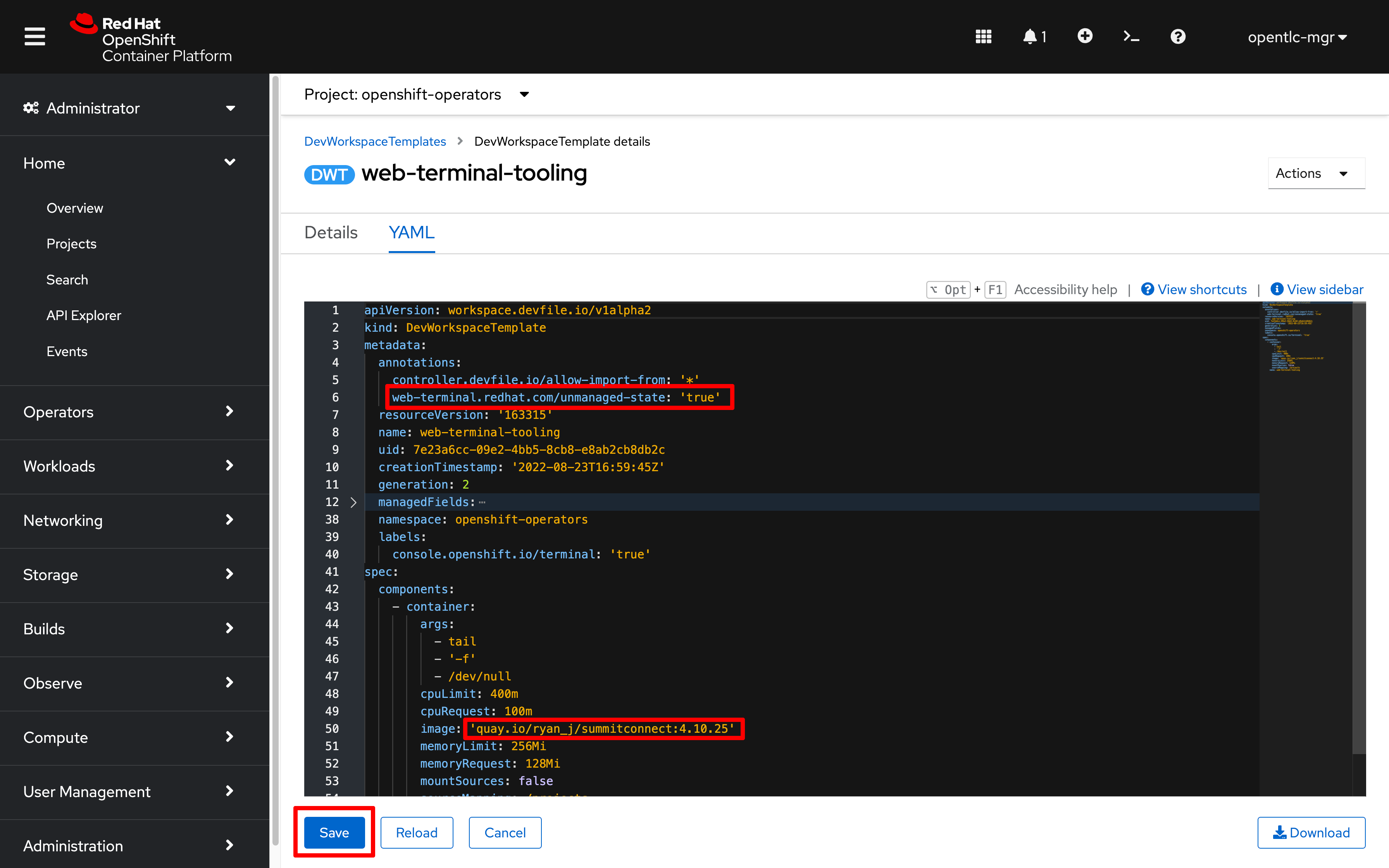 web-terminal-tooling yaml config
