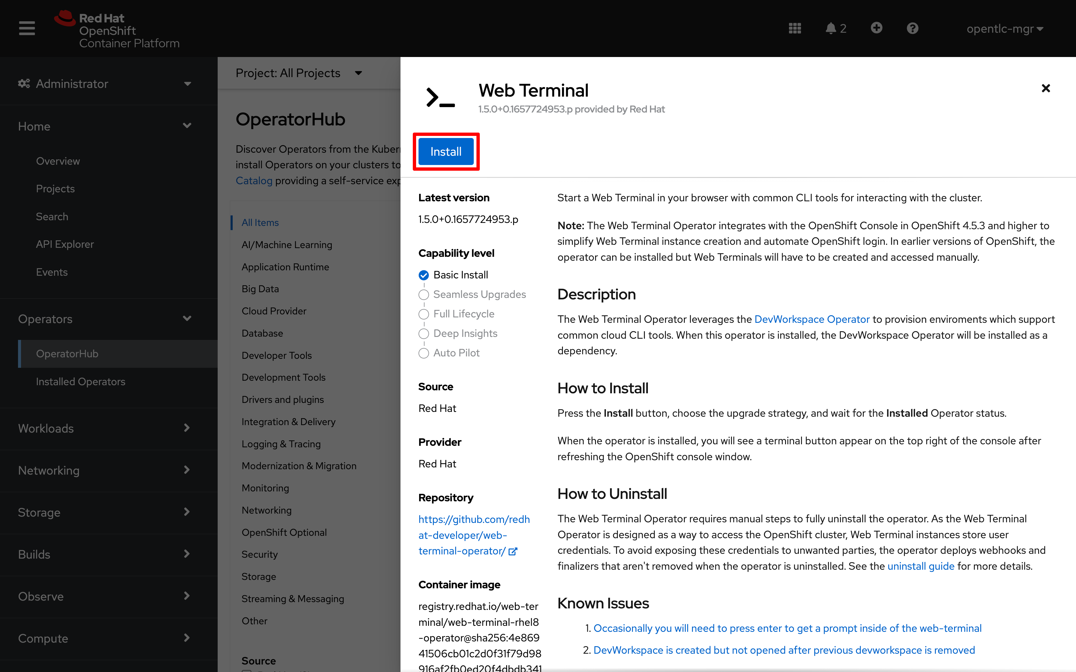 View the Web Terminal Operator