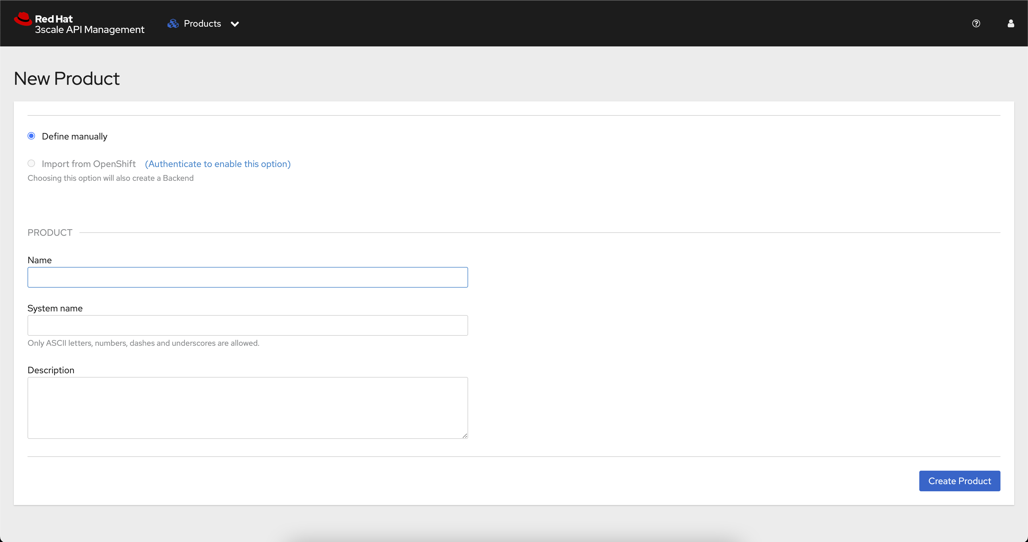 newprod import from openshift greyed