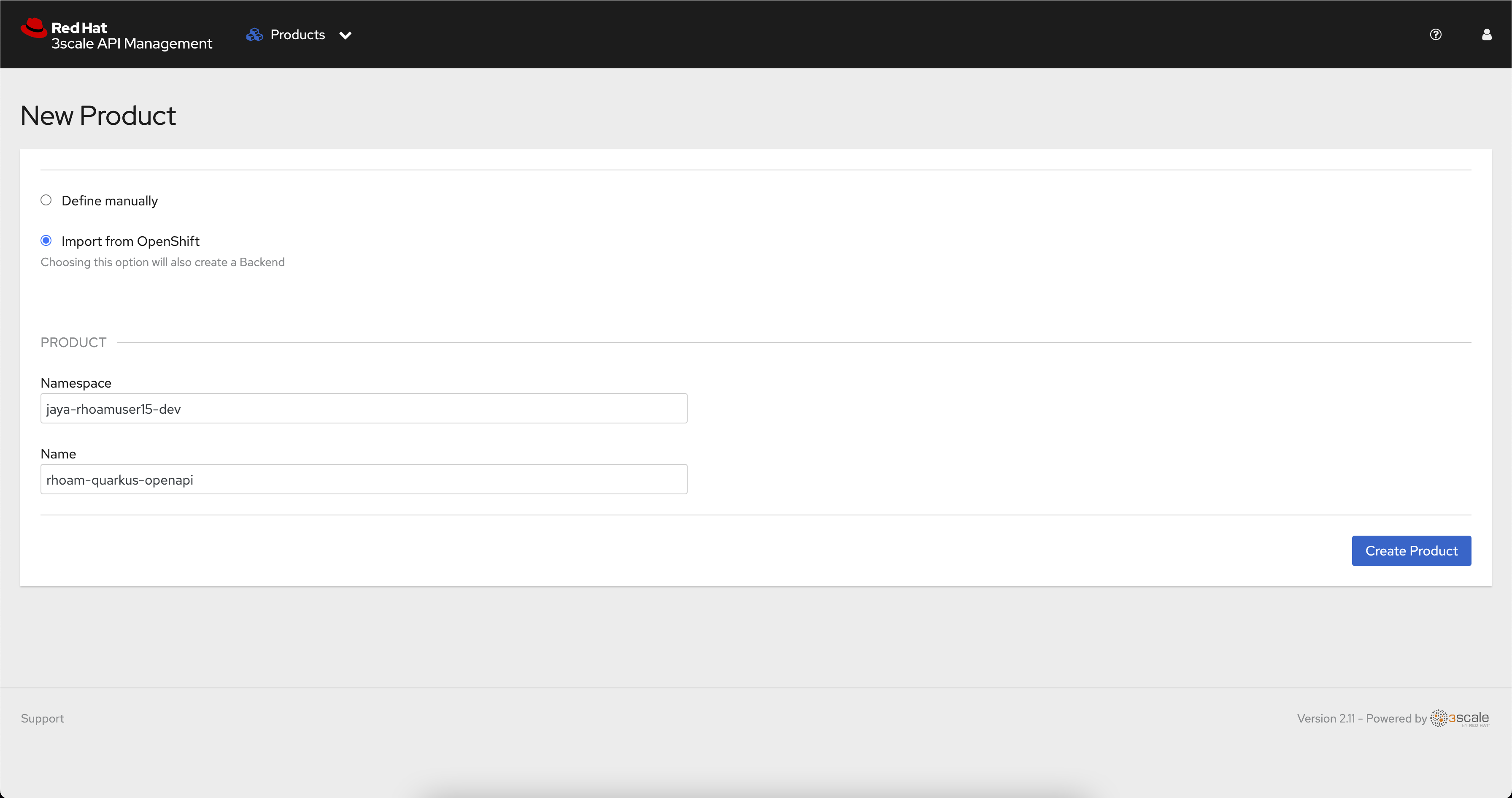 newprod import from openshift
