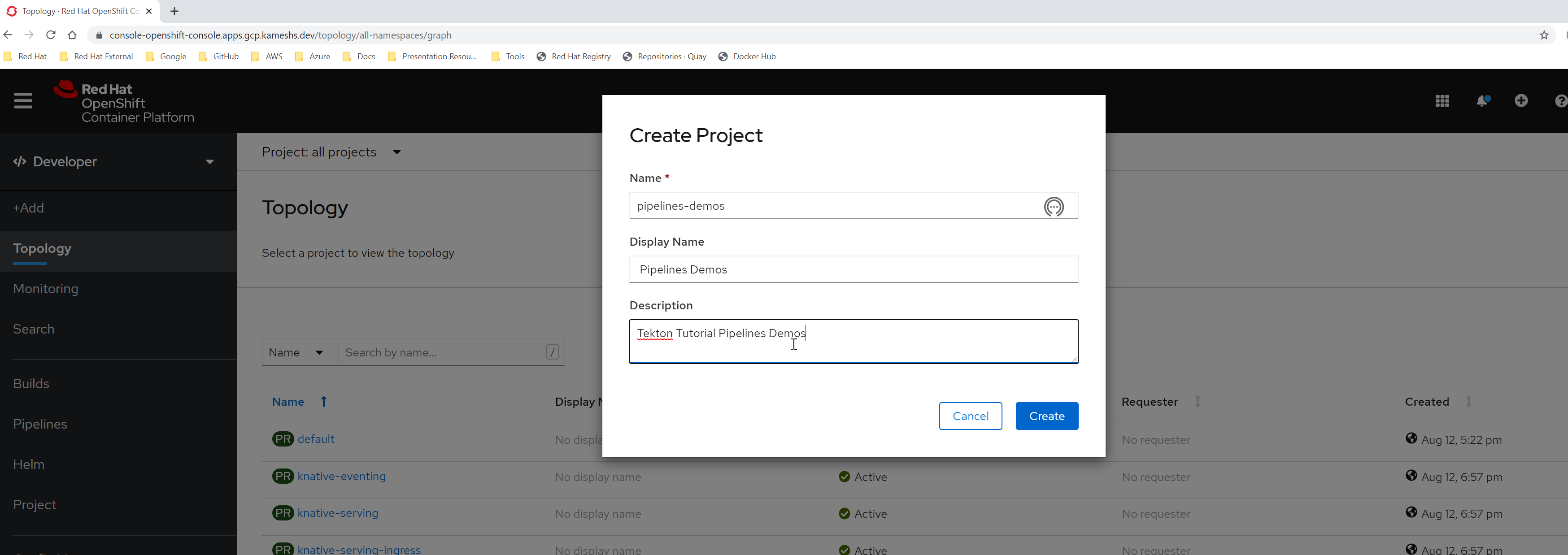 odc create project pipelines demos